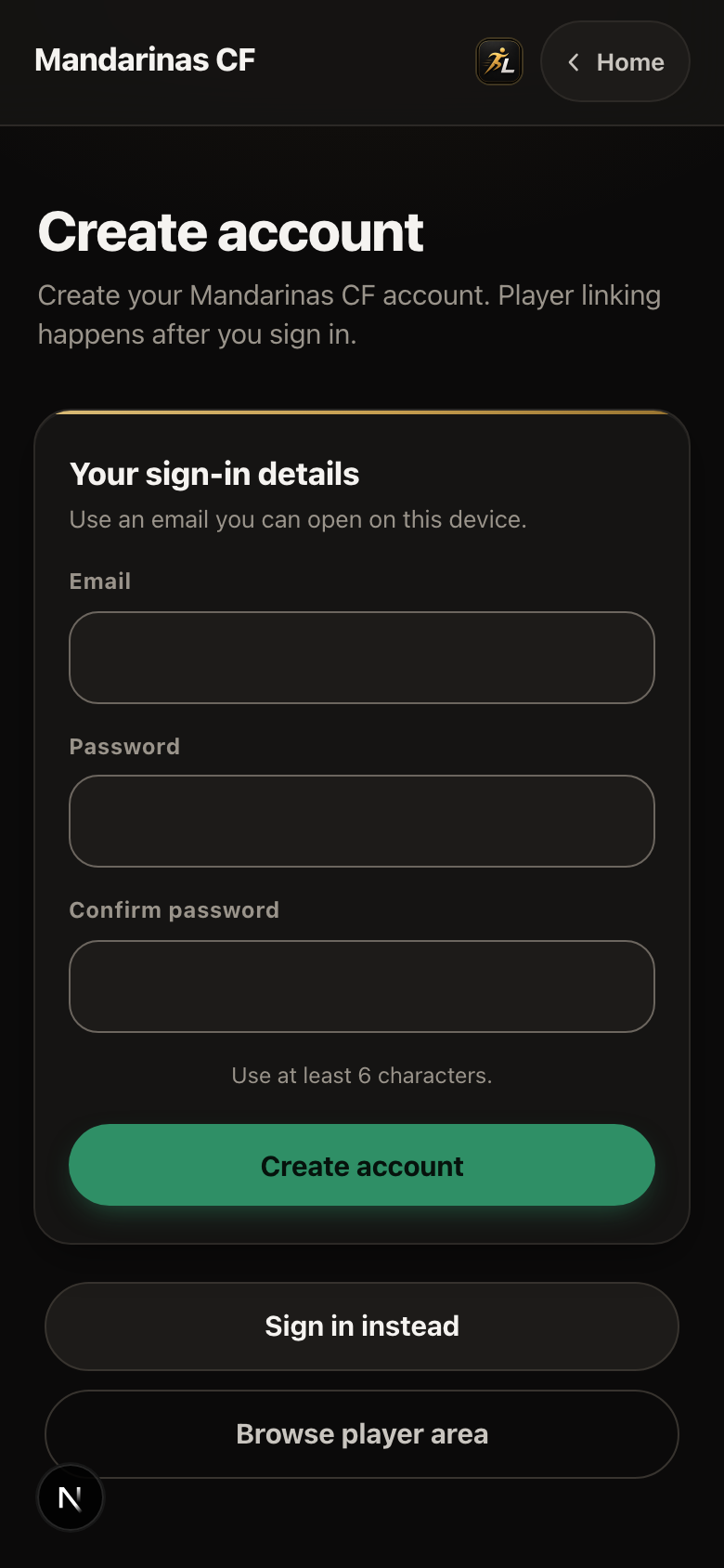Create account screen