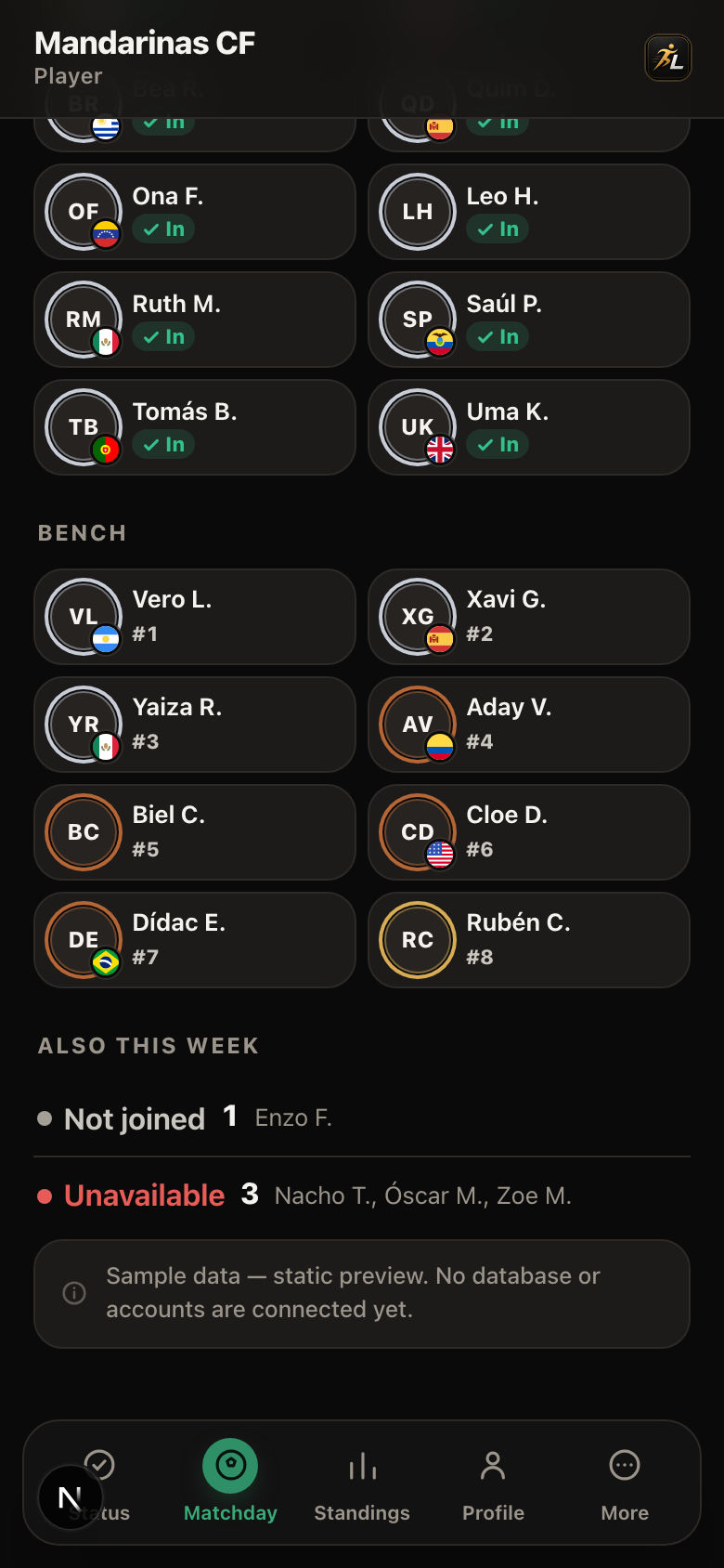 Matchday screen — bench and this week