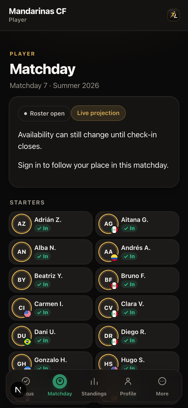 Matchday screen — top