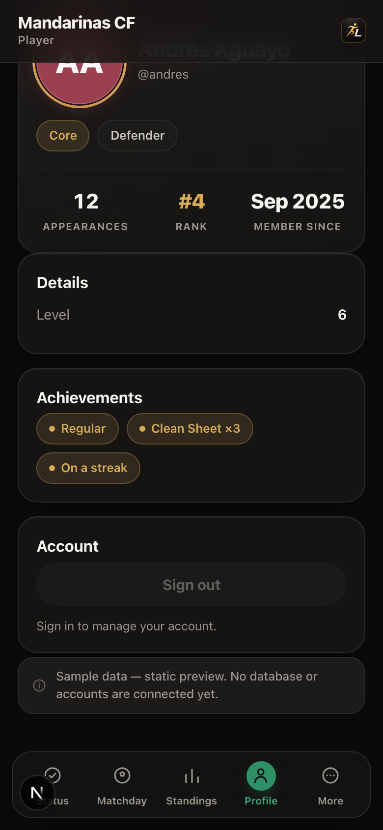 Profile — achievements and account