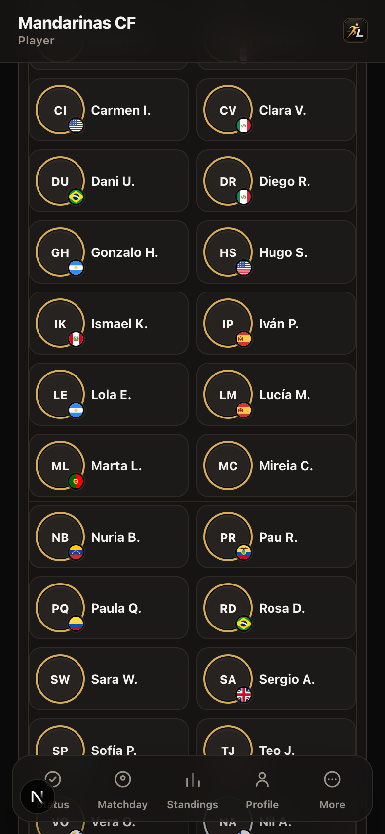 Queue screen — the roster list