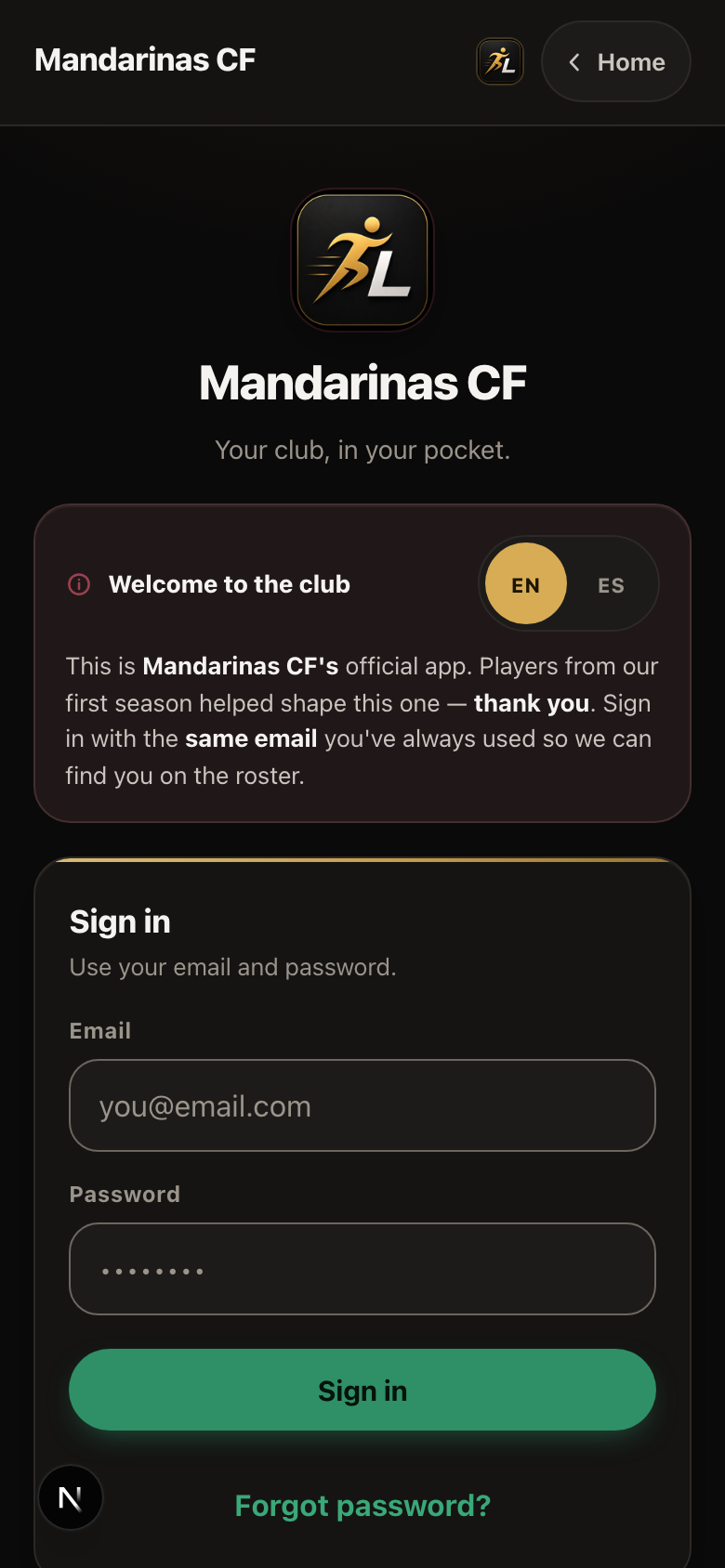 The iLeague sign-in screen