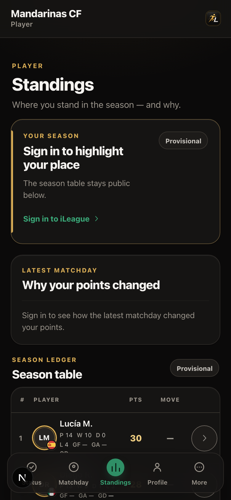 Standings — the season table