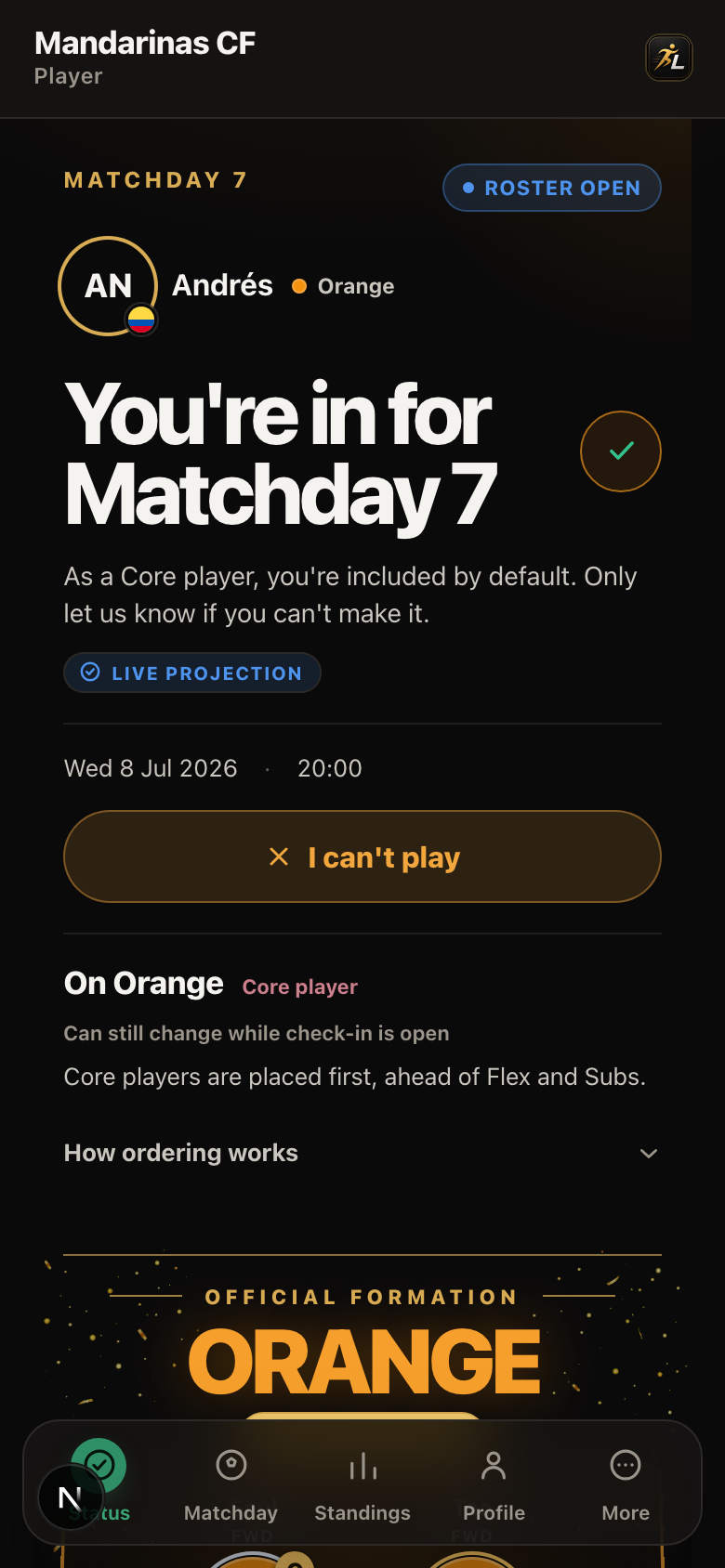 The Status home screen