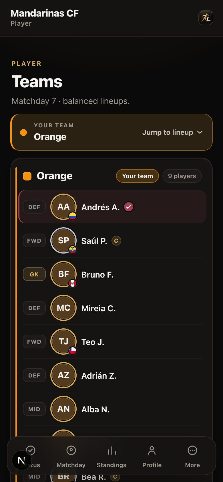Teams screen — top